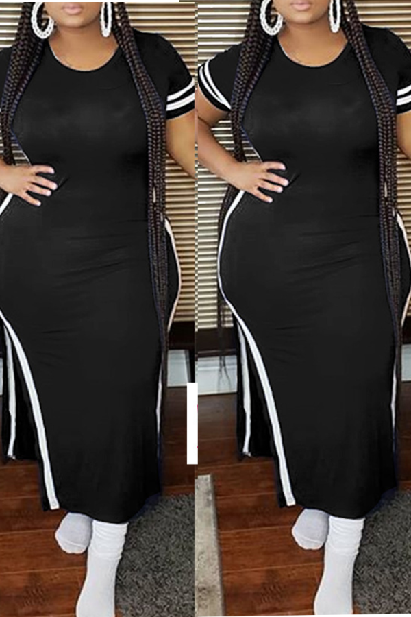 Black Fashion Casual O Neck Patchwork Plus Size