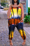 Red Fashion Casual Tie Dye Printing Spaghetti Strap Regular Jumpsuits