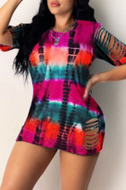 Red Fashion Casual Print Tie Dye Ripped O Neck Short Sleeve Dress