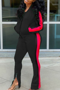 Black Casual Twilled Satin Print Zipper Collar Long Sleeve Regular Sleeve Regular Two Pieces