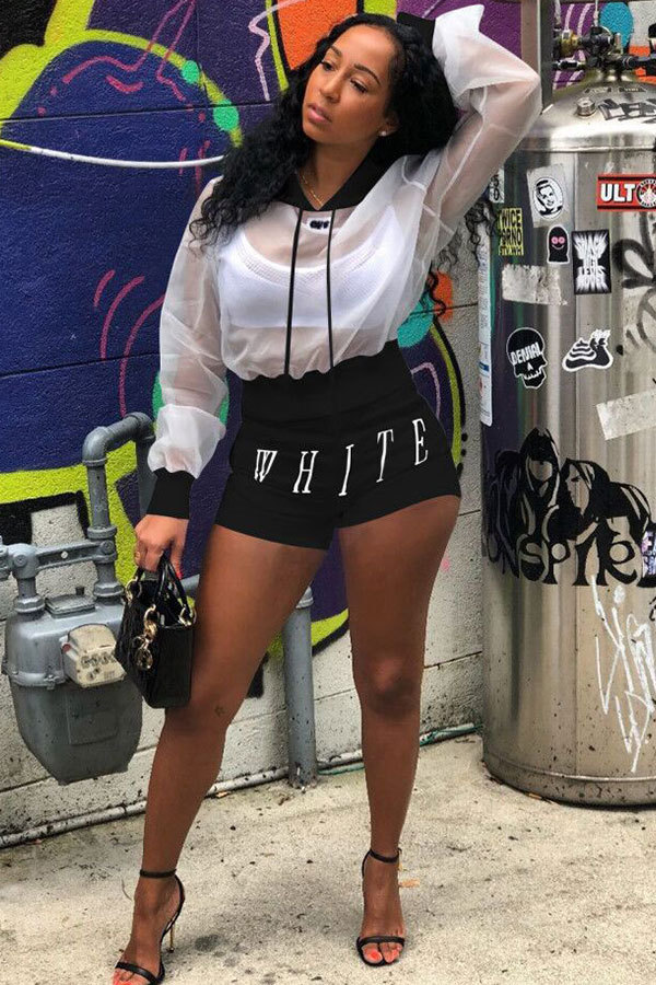 Black Fashion adult Street Letter Patchwork Print Solid perspective Two Piece Suits Straight Long Sleeve Two Pieces
