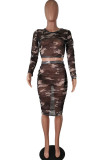 Camouflage Fashion Sexy Adult Gauze Camouflage Print O Neck Long Sleeve Regular Sleeve Short Two Pieces