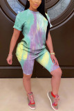 Blue Fashion Casual adult Patchwork Print Tie Dye Two Piece Suits Straight Short Sleeve Two Pieces