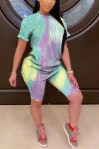 Green Fashion Casual adult Patchwork Print Tie Dye Two Piece Suits Straight Short Sleeve Two Pieces