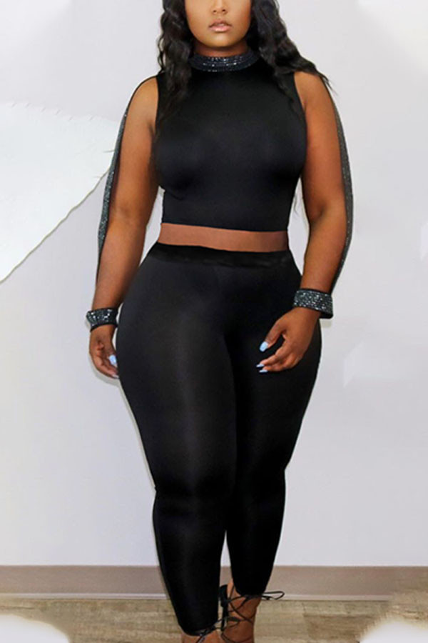 Black Fashion Sexy Print Solid pencil Sleeveless Two Pieces