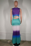 purple Sexy Tank Sleeveless Swagger Floor-Length Print Ombre Dresses