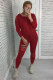 Wine Red Elastic Fly Long Sleeve Mid Beading Hole Straight Pants Two-piece suit