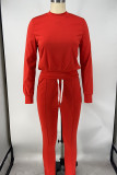 Red Sweet Solid Patchwork O Neck Long Sleeve Two Pieces