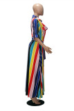 Multicolor Fashion Striped Print Frenulum Turndown Collar Long Dress