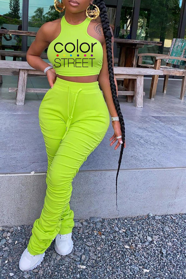 Fluorescent green Milk Silk Active Letter Print Solid Straight Short Sleeve Two Pieces