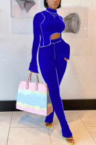 Blue Milk Silk OL Patchwork Solid asymmetrical pencil Long Sleeve Two Pieces