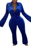 Blue Sexy Flocking Solid Backless Slit Turndown Collar Long Sleeve Regular Sleeve Short Two Pieces