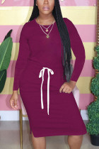 purple Fashion Casual Adult Solid Patchwork Draw String O Neck Long Sleeve Knee Length T-shirt Dress Dresses