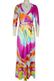 Rose Purple Elegant Print Tie Dye Bandage Patchwork V Neck Straight Dresses