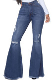 Dark Blue Fashion Sexy Casual Solid Ripped Buttons Pants High Waist Boot Cut Denim