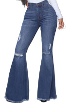 Dark Blue Fashion Sexy Casual Solid Ripped Buttons Pants High Waist Boot Cut Denim