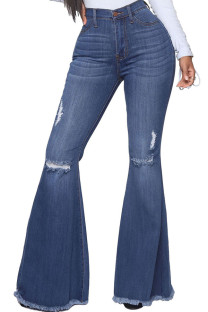 Dark Blue Fashion Sexy Casual Solid Ripped Buttons Pants High Waist Boot Cut Denim