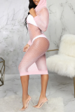 Pink Sexy Solid Mesh V Neck Pencil Skirt Dresses