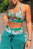 Green Fashion Print Vest Tops Shorts Sports Set