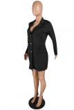 Black Fashion adult Casual Cap Sleeve Long Sleeves Notched Step Skirt Mini fastener Pocket Patch