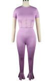 Fluorescent green Fashion Sexy adult Ma'am Patchwork Solid Two Piece Suits Straight Short Sleeve Two Pieces