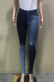 Blue Zipper Fly Mid Patchwork washing Old Zippered pencil Pants Bottoms