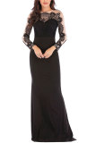 Blue Fashion Long Sleeves O neck Slim Dress Floor-Length Patchwork 