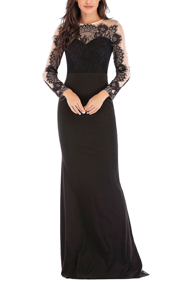 Black Fashion Long Sleeves O neck Slim Dress Floor-Length Patchwork 