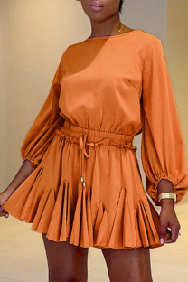 Tangerine Red Casual Solid Patchwork O Neck Cake Skirt Dresses