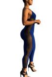 Blue Fashion street Patchwork Mesh Solid Sleeveless V Neck Jumpsuits