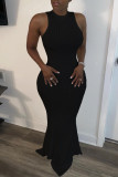 Black Lightly cooked Sleeveless O neck Swagger Floor-Length Solid Dresses