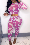 Blue Sexy Print Patchwork O Neck Long Sleeve Two Pieces