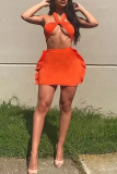Black Orange Sexy Solid Hollowed Out Halter Sleeveless Two Pieces