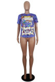 White Blue Yellow purple colour O Neck Short Sleeve Patchwork Print Character Tops