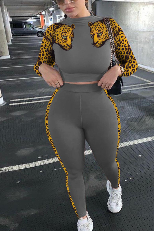 Grey Sexy Leopard Patchwork O Neck Long Sleeve Two Pieces