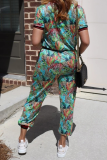 Green Casual Print Patchwork O Neck Short Sleeve Two Pieces