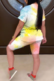 Multi-color Casual Print Straight Short Sleeve Two Pieces