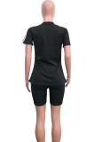 Black Fashion Casual adult Ma'am Patchwork Solid Two Piece Suits Straight Short Sleeve Two Pieces