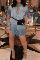 Light Blue Sweet Long Sleeves Turndown Collar Asymmetrical skirt Ombre hole Rivet Beading Dresses