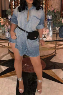 Light Blue Sweet Long Sleeves Turndown Collar Asymmetrical skirt Ombre hole Rivet Beading Dresses