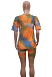 Dark Blue Fashion Sexy adult Patchwork Print Tie Dye Two Piece Suits Straight Short Sleeve Two Pieces