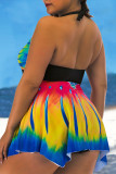 Yellow Sexy Print Patchwork Halter A Line Plus Size Swimwear