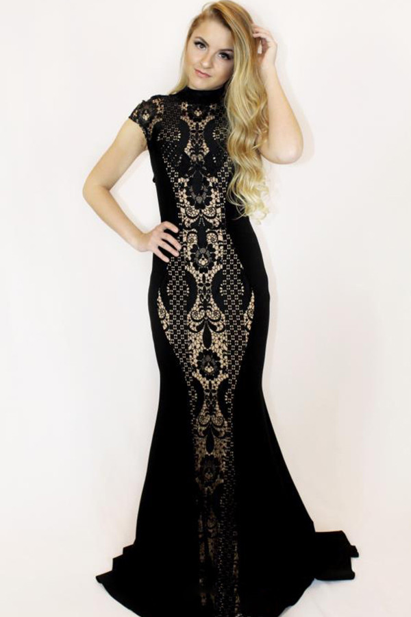 Black Sexy Cap Sleeve Short Sleeves Mandarin Collar Princess Dress Floor-Length Solid lace hollo