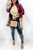 Red Fashion Casual Plaid Print Cardigan Turndown Collar Outerwear