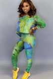 Green Sexy Two Piece Suits Print pencil Long Sleeve 