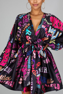 Black Sexy Print Frenulum Fold With Belt V Neck Long Sleeve Knee Length A Line Dresses