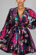 Black Sexy Print Frenulum Fold With Belt V Neck Long Sleeve Knee Length A Line Dresses
