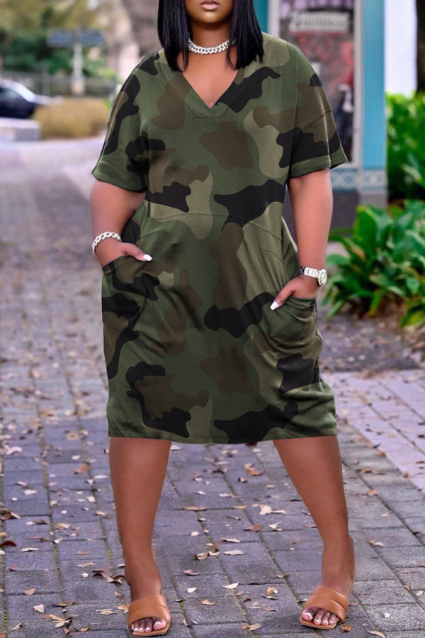 Army Green Fashion Casual Print Basic V Neck Short Sleeve Dress