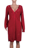 Maroon cardigan Long Sleeve HOLLOWED OUT Patchwork Split 