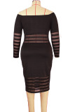 Red Sexy Solid Ripped Patchwork Bateau Neck Long Sleeve Knee Length Pencil Skirt Dresses